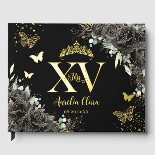 Zwarte Rozen Flower Butterflies Gold Quinceañera Gastenboek (Voorkant)