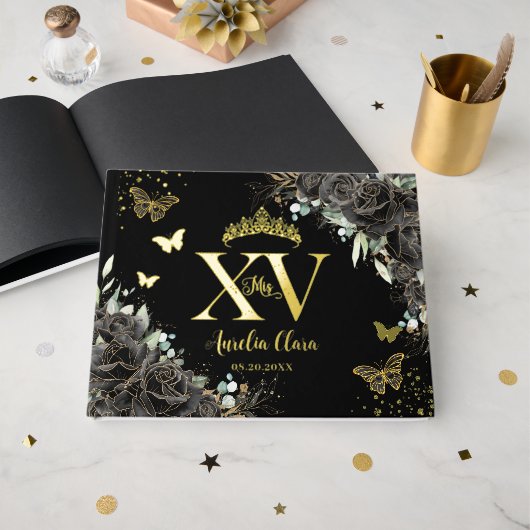 Zwarte Rozen Flower Butterflies Gold Quinceañera Gastenboek (Voorkant open)