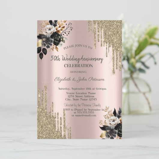 Zwarte Rozen Glitter Drips Bruiloft Jubileum Kaart (Staand voorkant)
