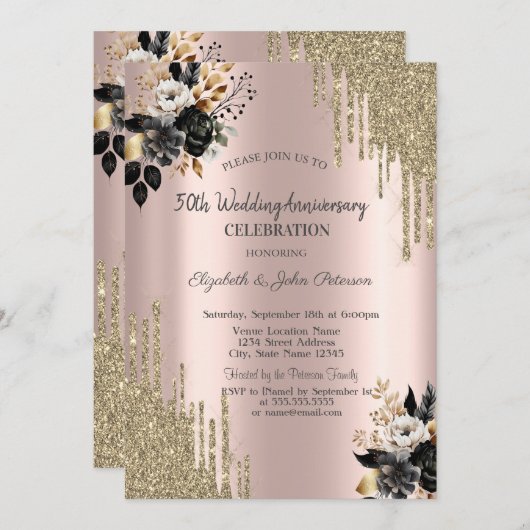 Zwarte Rozen Glitter Drips Bruiloft Jubileum Kaart (Voorkant / Achterkant)