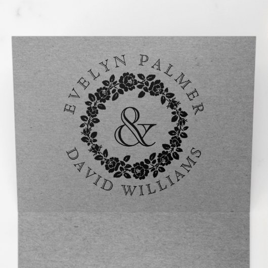  zwarte rozen grijs kraftkarton bruiloft drieluik uitnodiging (Binnenzijde eerst)