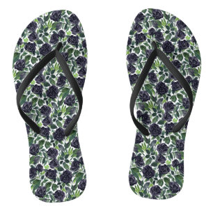 Zwarte rozen, groene bladeren waterverfpatroon teenslippers