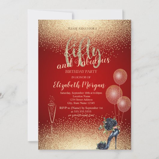 Zwarte Rozen Hoge Hakken Confetti, Rood 50ste Verj Kaart (Voorkant)