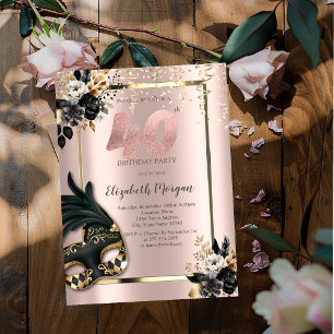 Zwarte Rozen Masker Confetti Roze Goud 40ste Kaart
