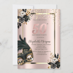 Zwarte Rozen Masker Confetti Roze Goud 50ste Kaart