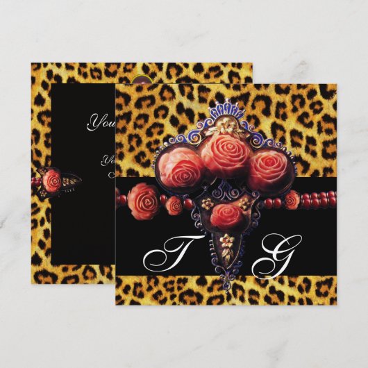 ZWARTE ROZEN MET RODE KORAAL, LEOPARD HUIDMONOGRAM KAART (Voorkant / Achterkant)