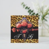 ZWARTE ROZEN MET RODE KORAAL, LEOPARD HUIDMONOGRAM KAART (Staand voorkant)