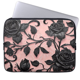 zwarte Rozen op een roze achtergrond Laptop Sleeve