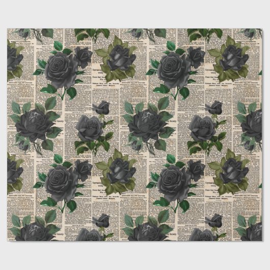 Zwarte Rozen op  krantenpapier Cadeaupapier (Vlak)