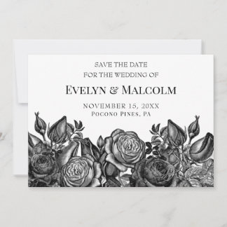 Zwarte Rozen op Witte Save the Date STD Kaart