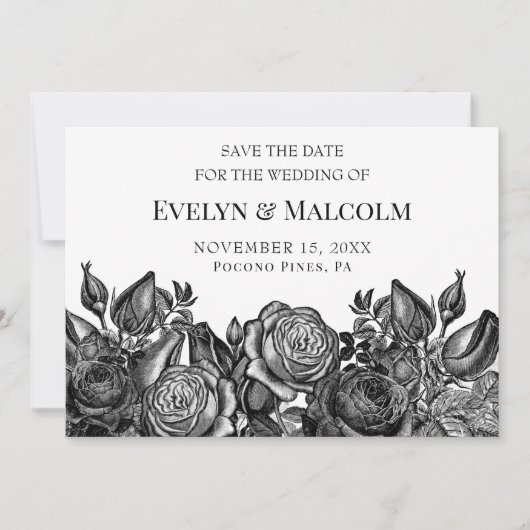 Zwarte Rozen op Witte Save the Date STD Kaart (Voorkant)