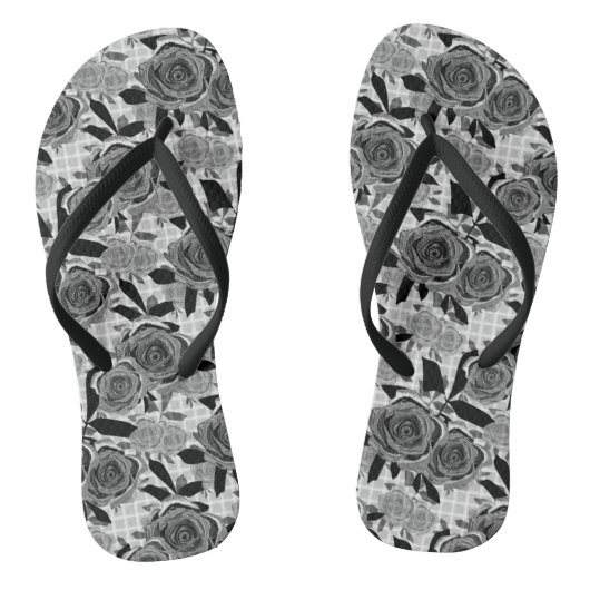 Zwarte rozen, rozen, zwart en grijs teenslippers (Voetbed)