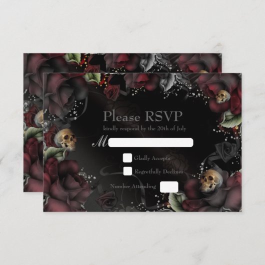 Zwarte Rozen & Schedels Gotische bruiloft RSVP Kaa (Voorkant / Achterkant)