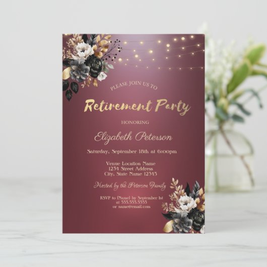 Zwarte Rozen String Licht Rood Pensioen Partij Kaart (Staand voorkant)