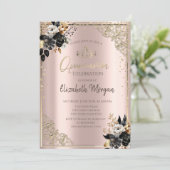 Zwarte Rozen, Tiara, Diamonds Roos Gold Quinceañer Kaart (Staand voorkant)