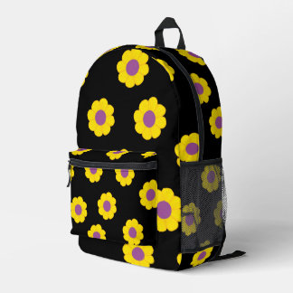 Zwarte rugzak met gele en paarse bloemen