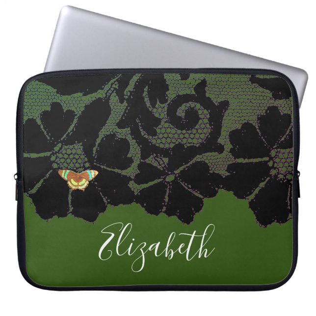 ZWARTE RUIMTE MET BUTTERFLES IN GROEN NEOPRENE SLE LAPTOP SLEEVE (Voorkant)