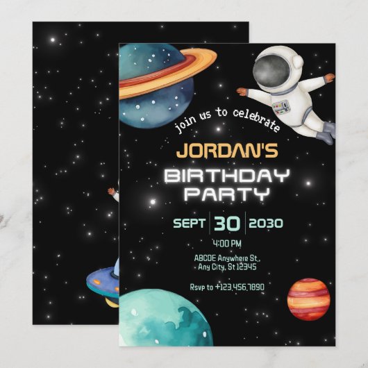 Zwarte ruimteplaneet astronaut verjaardag kaart (Voorkant / Achterkant)