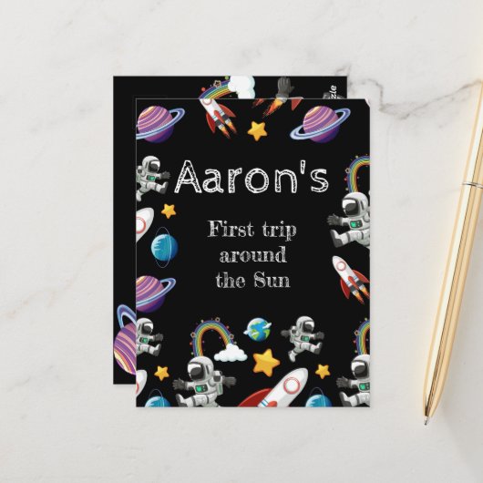 Zwarte Ruimtevaarder Eerste Verjaardagsfeestje Briefkaart (Voorkant / Achterkant in situ)