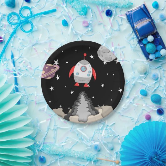 Zwarte-ruimtevaartuig dat de planeten uitzet papieren bordje (Feest)