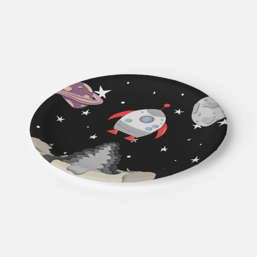 Zwarte-ruimtevaartuig dat de planeten uitzet papieren bordje (Gekanteld)