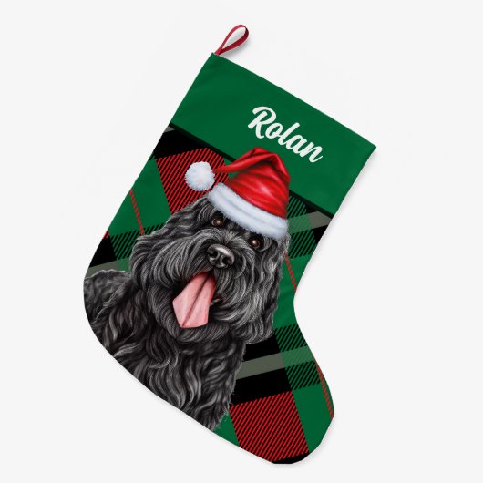 Zwarte Russische Terriër Holiday Plaid Dog's Name Grote Kerstsok (Voorkant (Hangend))