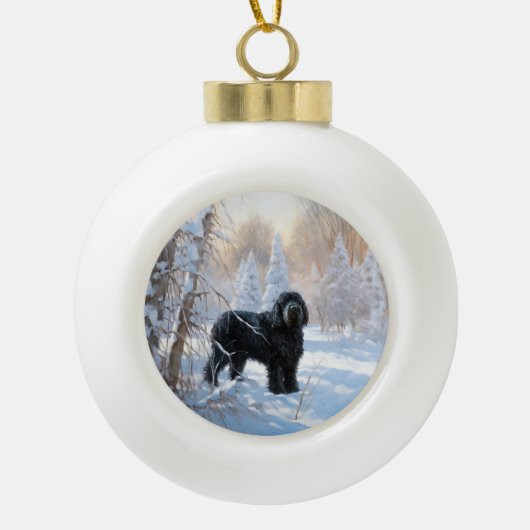 Zwarte Russische terriër laat het sneeuwen Kerstmi Keramische Bal Ornament (Voorkant)