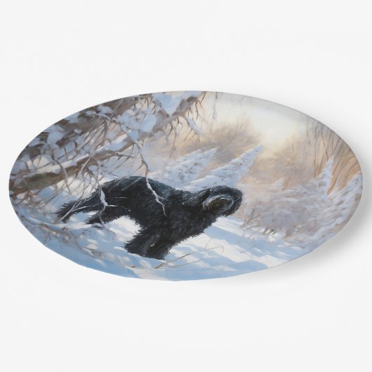 Zwarte Russische terriër laat het sneeuwen Kerstmi Papieren Bordje (Gekanteld)