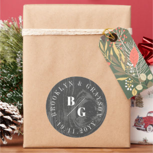 Zwarte Rustieke Houtnerf Textuur Chic Winter Huwel Ronde Sticker