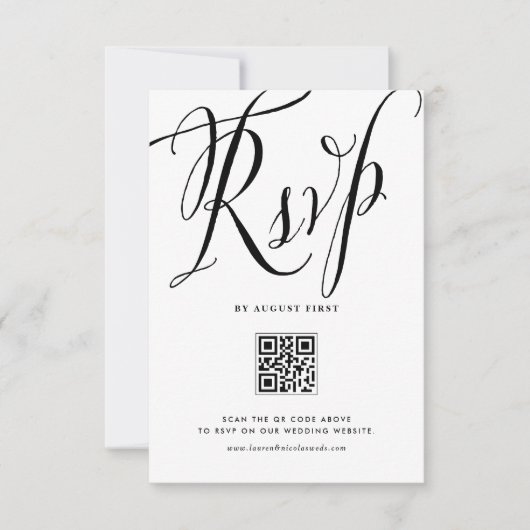 Zwarte rustieke kalligrafie QR Code Wedding RSVP Kaartje (Voorkant)