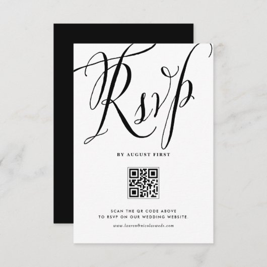Zwarte rustieke kalligrafie QR Code Wedding RSVP Kaartje (Voorkant / Achterkant)
