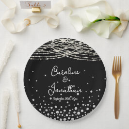 Zwarte Rustieke Slingerlampjes Bruiloft Papieren Bordje