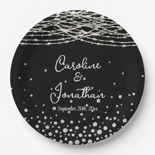 Zwarte Rustieke Slingerlampjes Bruiloft Papieren Bordje (Voorkant)