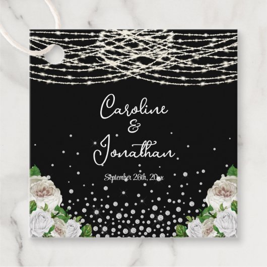 Zwarte Rustieke Witte Rozen String Lights Wedding Bedankjes Labels (Voorkant)