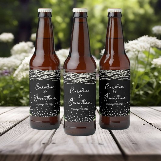 Zwarte Rustieke Witte Rozen String Lights Wedding Bier Etiket
