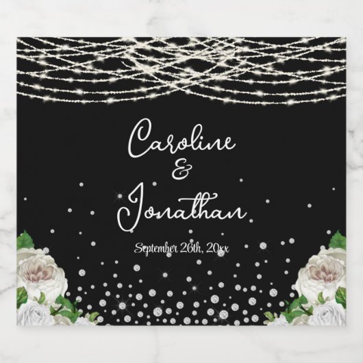 Zwarte Rustieke Witte Rozen String Lights Wedding Bier Etiket (Enkel label)