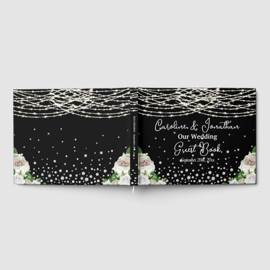 Zwarte Rustieke Witte Rozen String Lights Wedding Gastenboek (Volledig)
