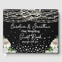 Zwarte Rustieke Witte Rozen String Lights Wedding Gastenboek