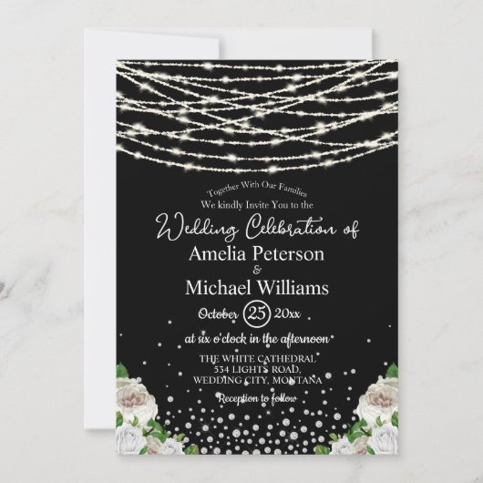 Zwarte Rustieke Witte Rozen String Lights Wedding Kaart (Voorkant)