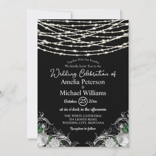 Zwarte Rustieke Witte Rozen String Lights Wedding Kaart (Voorkant)