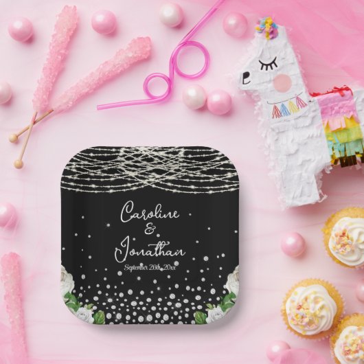 Zwarte Rustieke Witte Rozen String Lights Wedding Papieren Bordje (Feest)