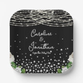 Zwarte Rustieke Witte Rozen String Lights Wedding Papieren Bordje (Voorkant)