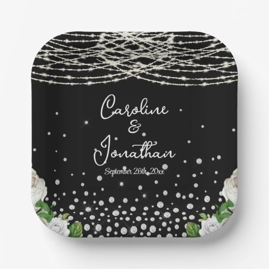 Zwarte Rustieke Witte Rozen String Lights Wedding Papieren Bordje (Voorkant)