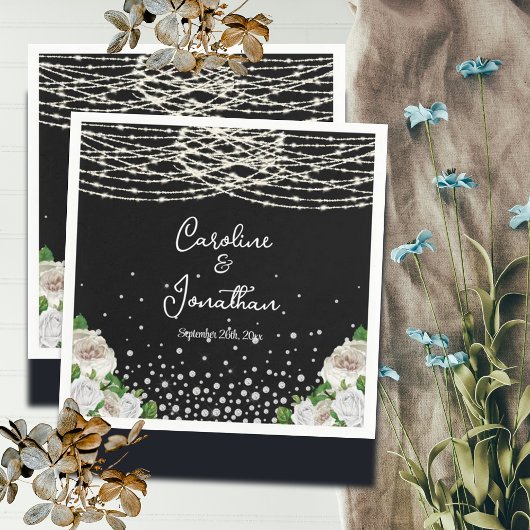Zwarte Rustieke Witte Rozen String Lights Wedding Servet