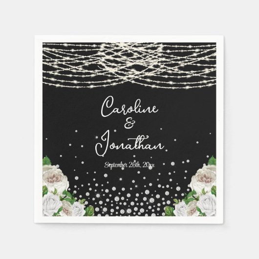 Zwarte Rustieke Witte Rozen String Lights Wedding Servet (Voorkant)