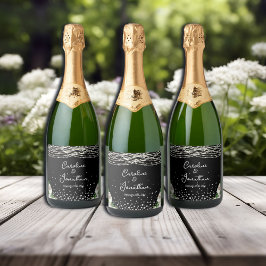 Zwarte Rustieke Witte Rozen String Lights Wedding Sparkling Wijnetiket