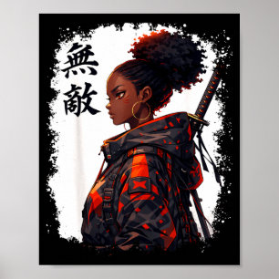Zwarte samoerai meisje anime krijger afro Afrikaan Poster