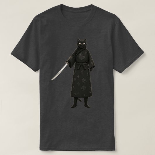 Zwarte Samurai Kat Zwarte Kimono T-shirt (Design voorkant)