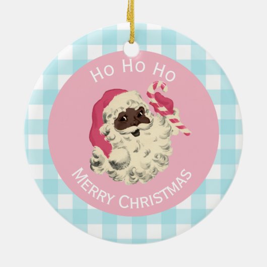 Zwarte Santa en Blue Gingham Keramisch Ornament (Achterkant)