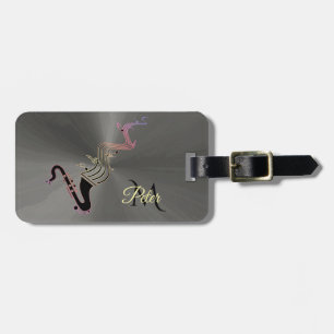 Zwarte saxofoon en muzieknoten monogram bagagelabel
